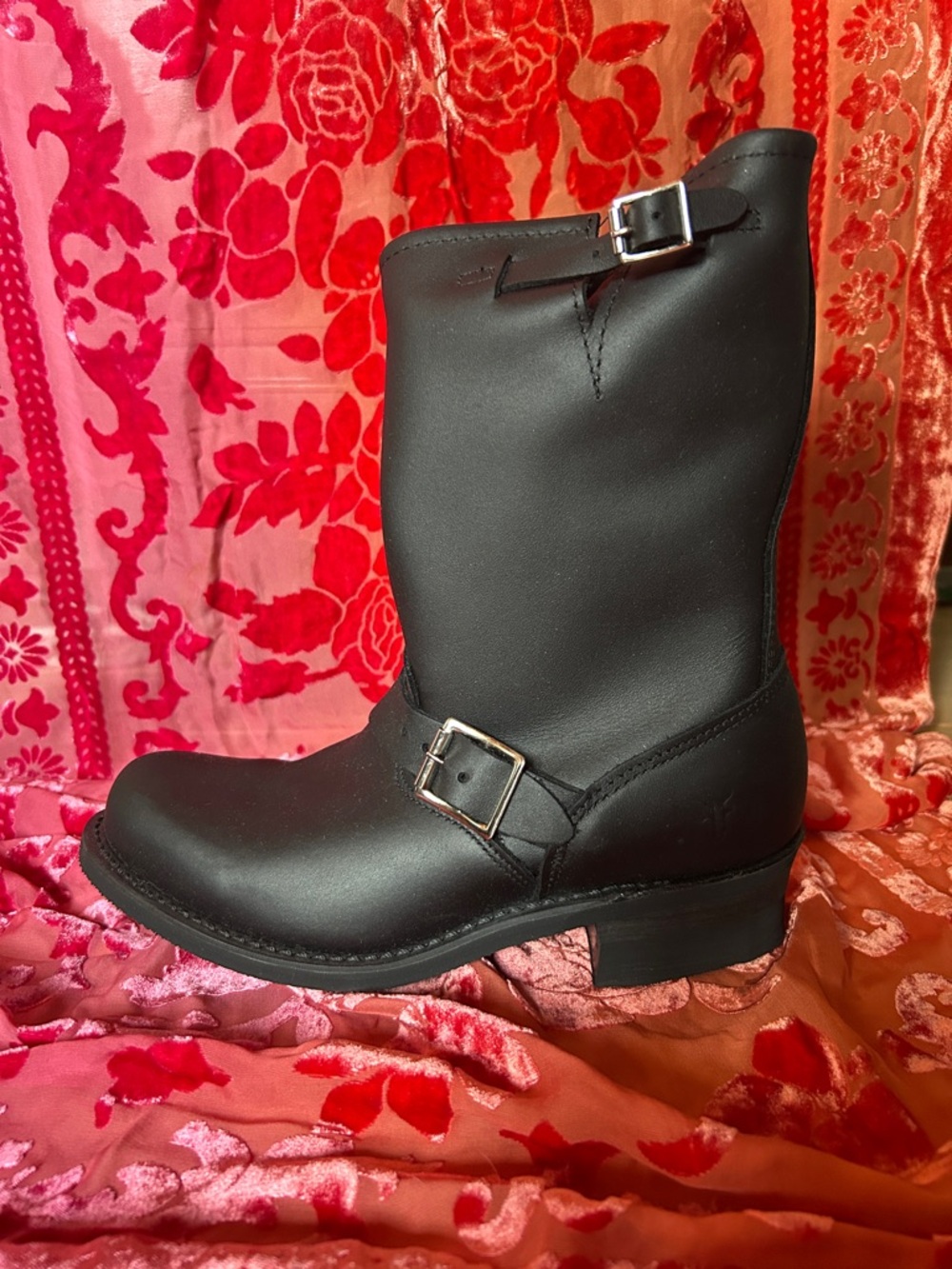 Frye Black Leather Engineer Boot with Silver Buckles